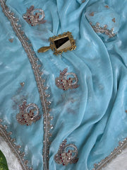Sky Blue Beads Cutdana Work Saree Fendy Satin KS412 – view 3