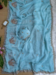 Sky Blue Beads Cutdana Work Saree Fendy Satin KS412 – view 4