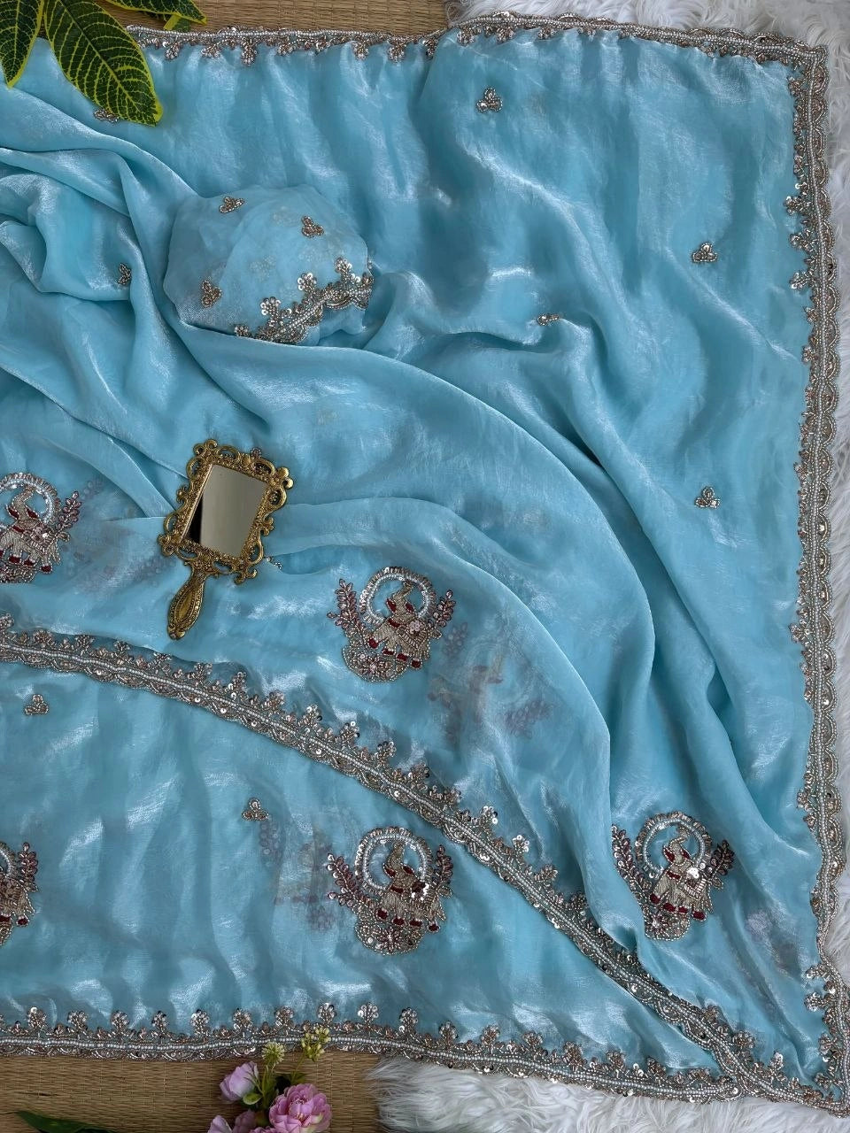 Sky Blue Beads Cutdana Work Saree Fendy Satin KS412 – view 5