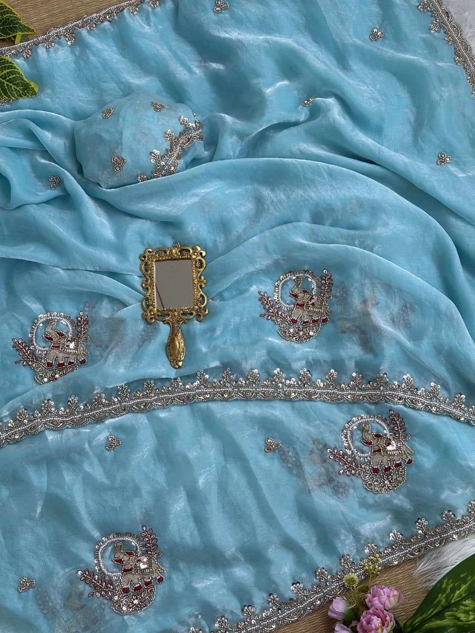 Sky Blue Beads Cutdana Work Saree Fendy Satin KS412 – view 6