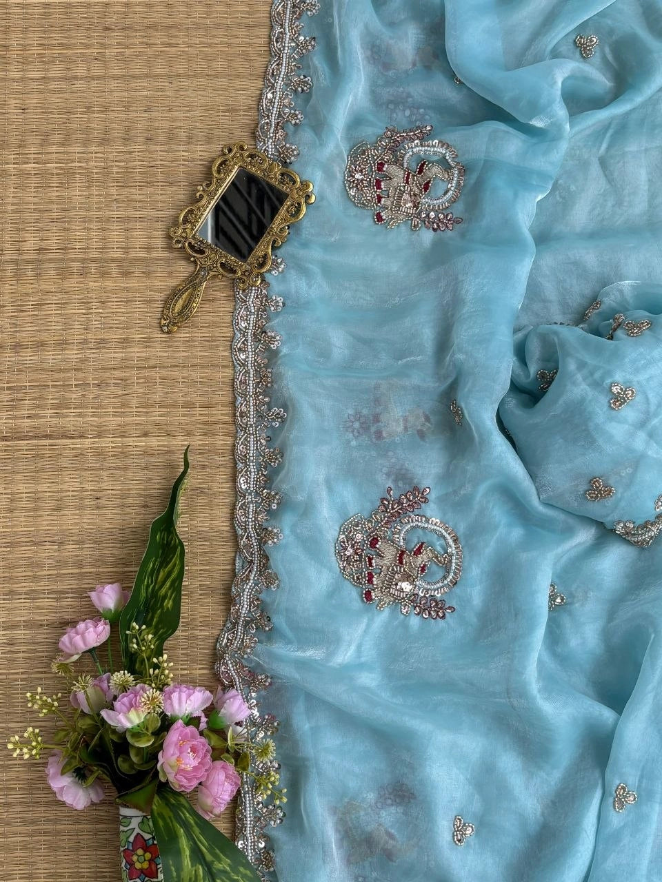 Sky Blue Beads Cutdana Work Saree Fendy Satin KS412 – view 7