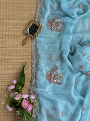 Sky Blue Beads Cutdana Work Saree Fendy Satin KS412 – view 7