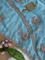 Sky Blue Beads Cutdana Work Saree Fendy Satin KS412 – view 8