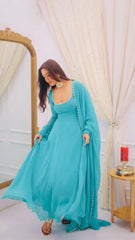 Sky Blue Suit U-Neck and Bead Work Detail Close-up | Kalyanja KU307