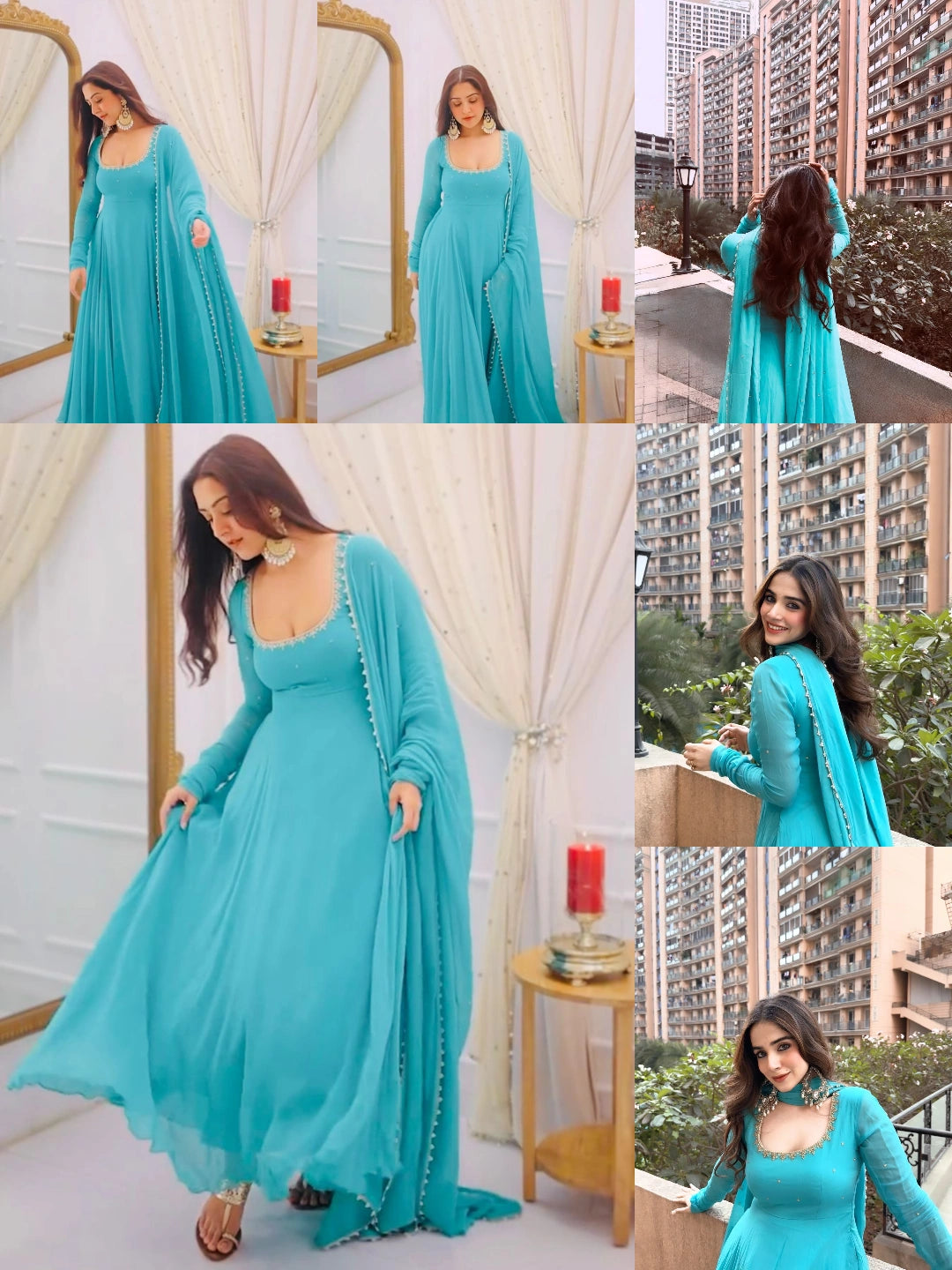 Sky Blue Embroidered With Beads Work Suit Flat Lay – Complete Set View