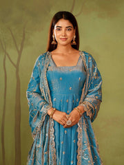 Sky Blue Embroidered Codding Suit Anarkali model front view full length KU267