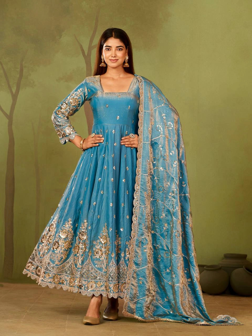 Sky Blue Anarkali Silk Blend Suit model three quarter view with dupatta KU267