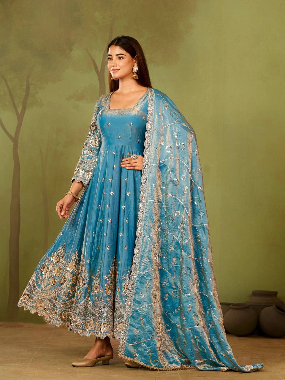 Sky Blue Embroidered Suit codding sequins hem sleeve detail KU267