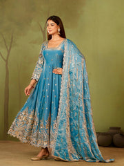 Sky Blue Embroidered Suit codding sequins hem sleeve detail KU267