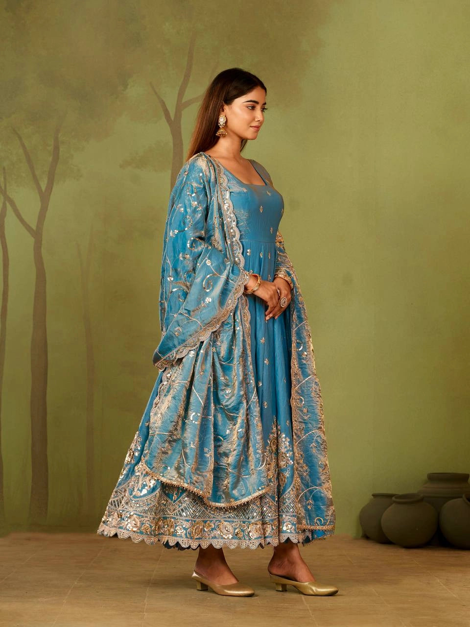 Sky Blue Anarkali Suit back view open dori tie-up neckline KU267