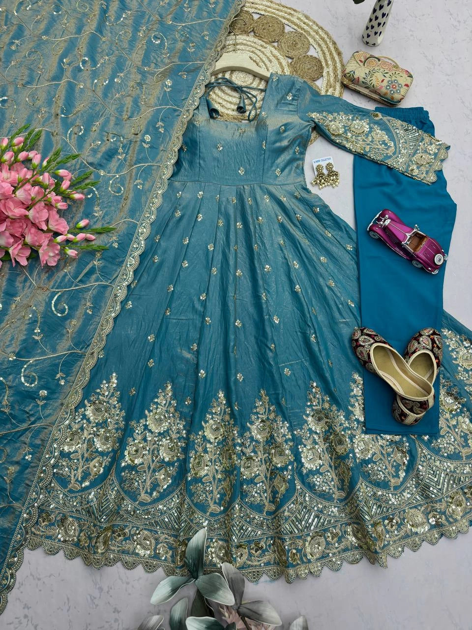 Sky Blue Embroidered Codding Suit flatlay complete set overhead KU267