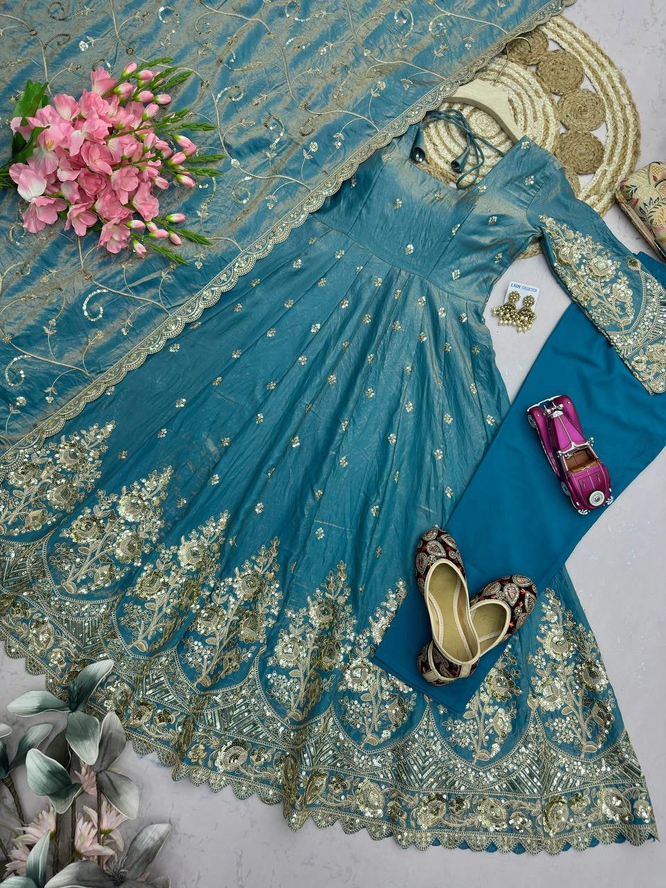 Sky Blue Silk Blend Suit dupatta sequins embroidery flatlay detail KU267