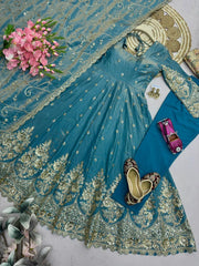 Sky Blue Silk Blend Suit dupatta sequins embroidery flatlay detail KU267