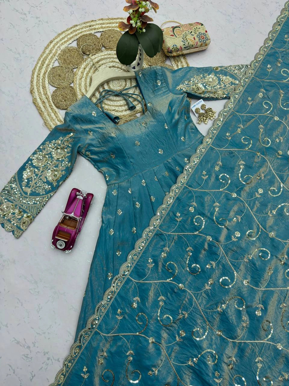 Sky Blue Anarkali Suit flatlay hem codding embroidery close up KU267