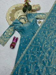 Sky Blue Anarkali Suit flatlay hem codding embroidery close up KU267