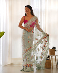 Sky Blue Thread Embroidered Saree full front – KS378