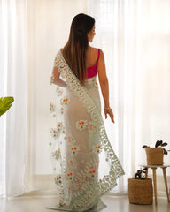 Sky Blue Butterfly Net Saree model drape – KS378