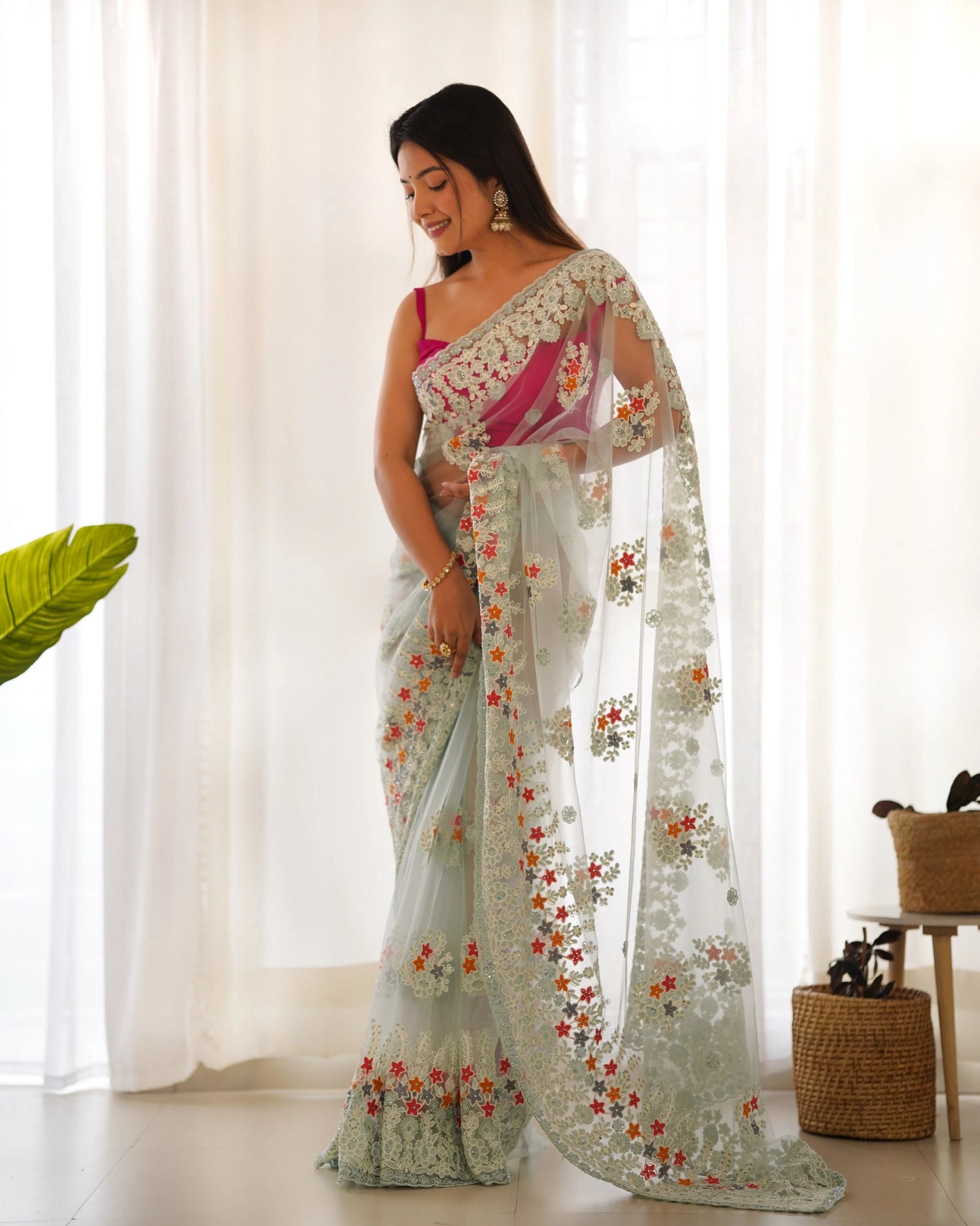 Sky Blue Embroidered Saree side view – KS378