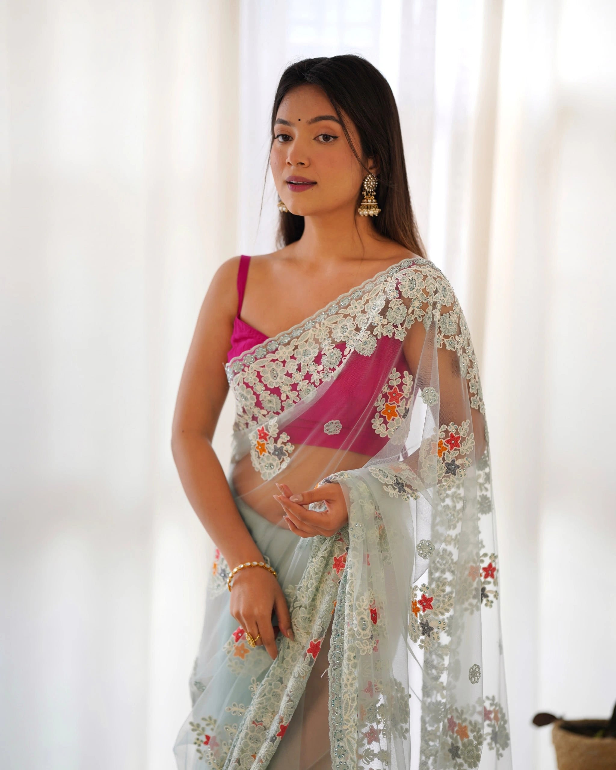 Sky Blue Saree stone work detail – KS378