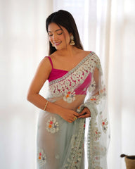 Sky Blue Butterfly Net Saree border scallop – KS378