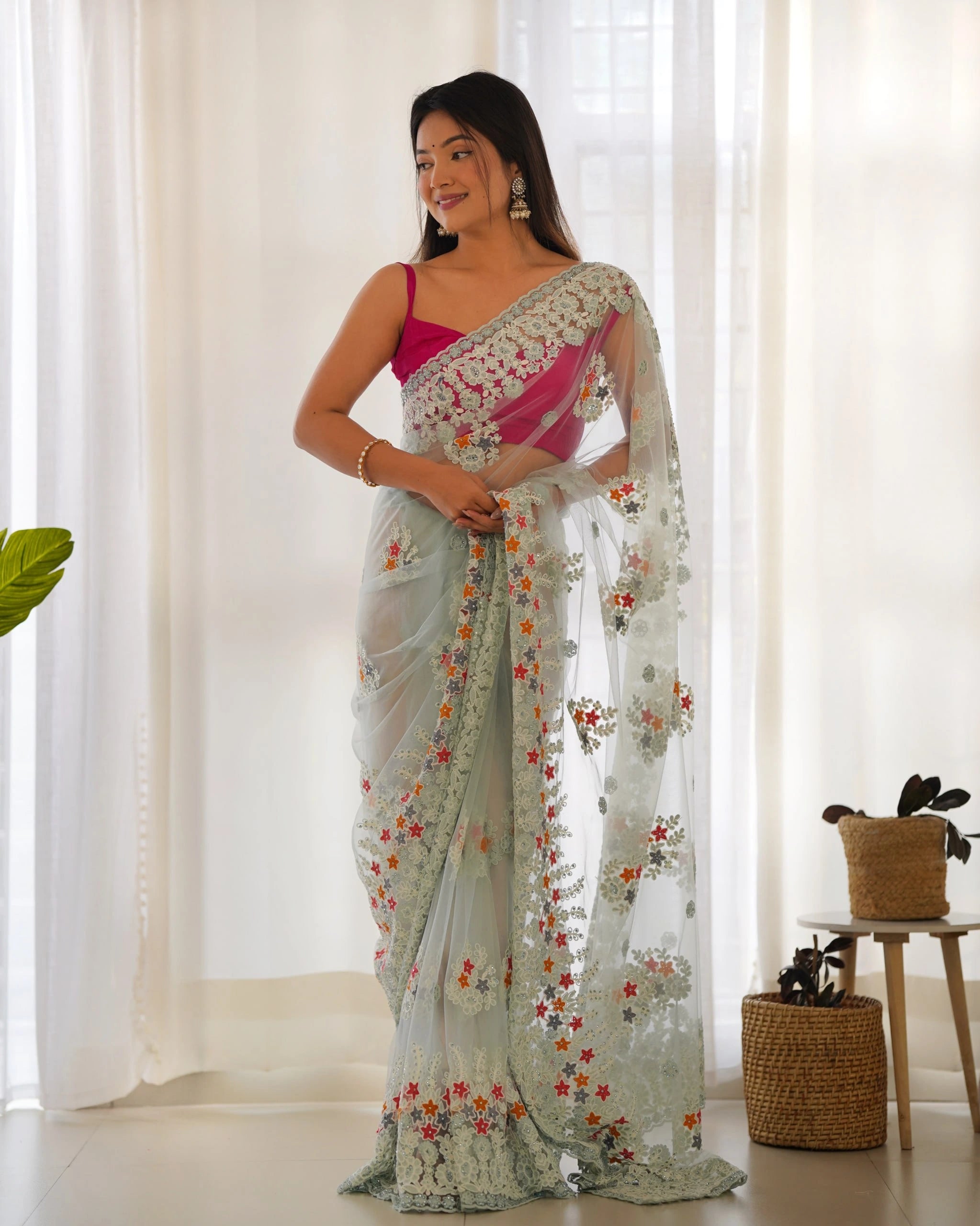 Sky Blue Thread Embroidered Saree draping – KS378