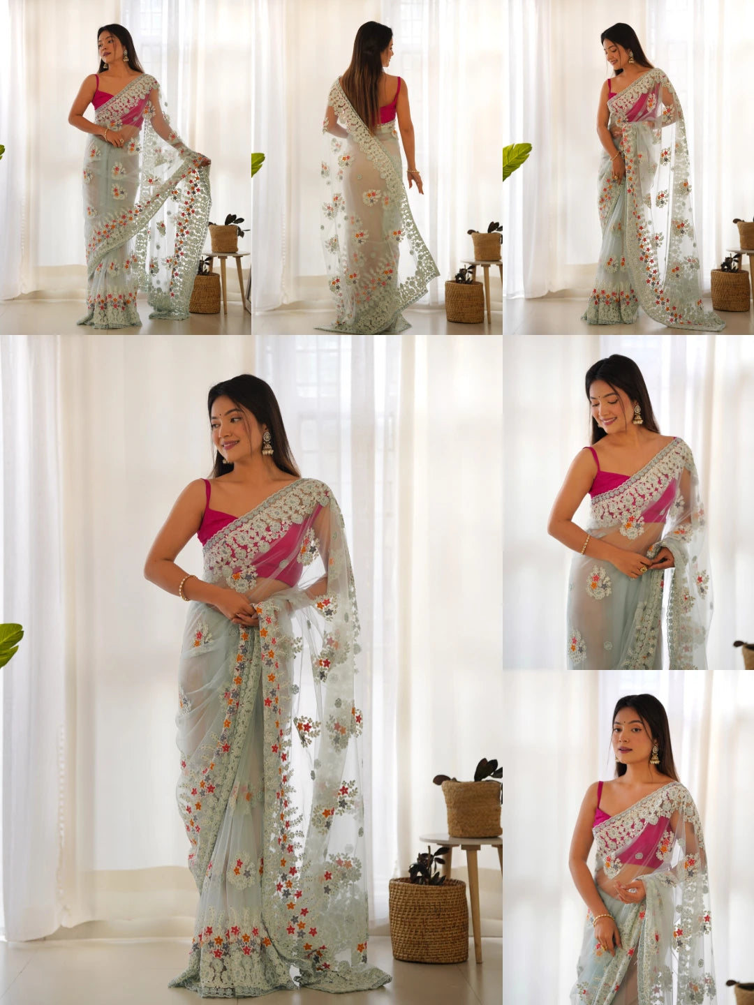 Sky Blue Thread Embroidered Saree collage – KS378 Kalyanja