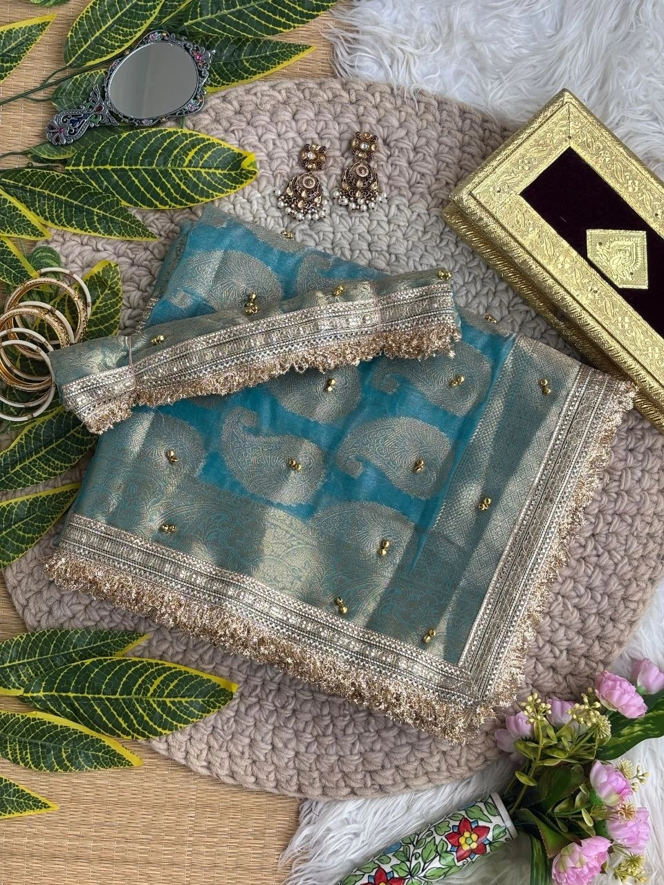 Sky Blue Hand Ghungroo Weaving Saree – Banarasi Satin Silk KS405