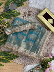 Sky Blue Hand Ghungroo Weaving Saree – Banarasi Satin Silk KS405