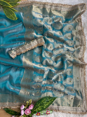 Sky Blue Banarasi Satin Silk Saree – Woven Pallu KS405
