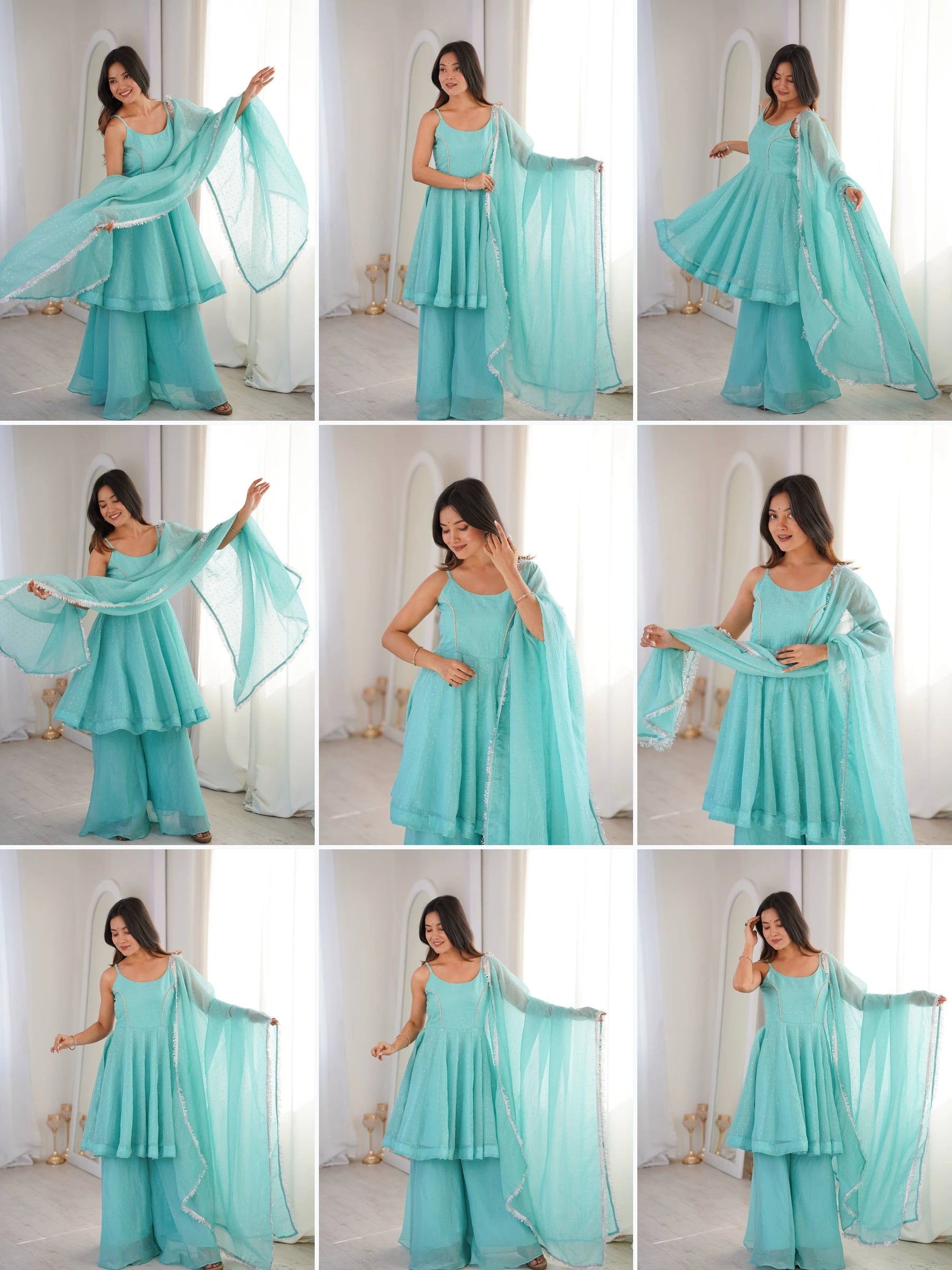 Sky Blue Jharkhand Work Sharara Suit Kalyanja KU257 all angles collage