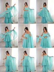 Sky Blue Jharkhand Work Sharara Suit Kalyanja KU257 all angles collage