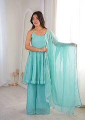 Sky Blue Jharkhand Work Suit Sharara KU257 front view sleeveless A-line
