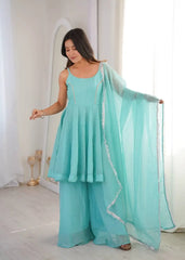 Sky Blue Jharkhand Work Suit Kalyanja KU257 model pose with dupatta