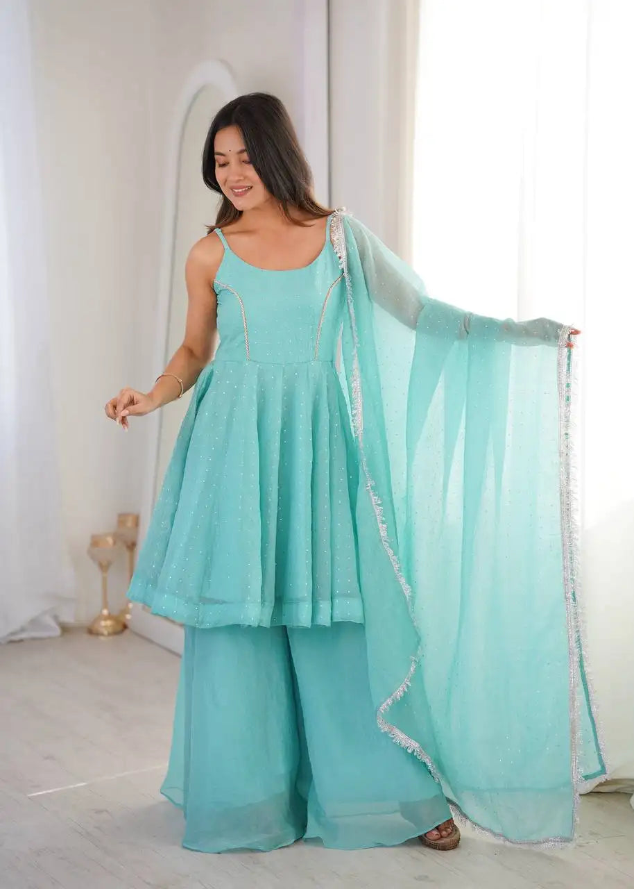 Sky Blue Jharkhand Work Sharara Suit KU257 full length standing model