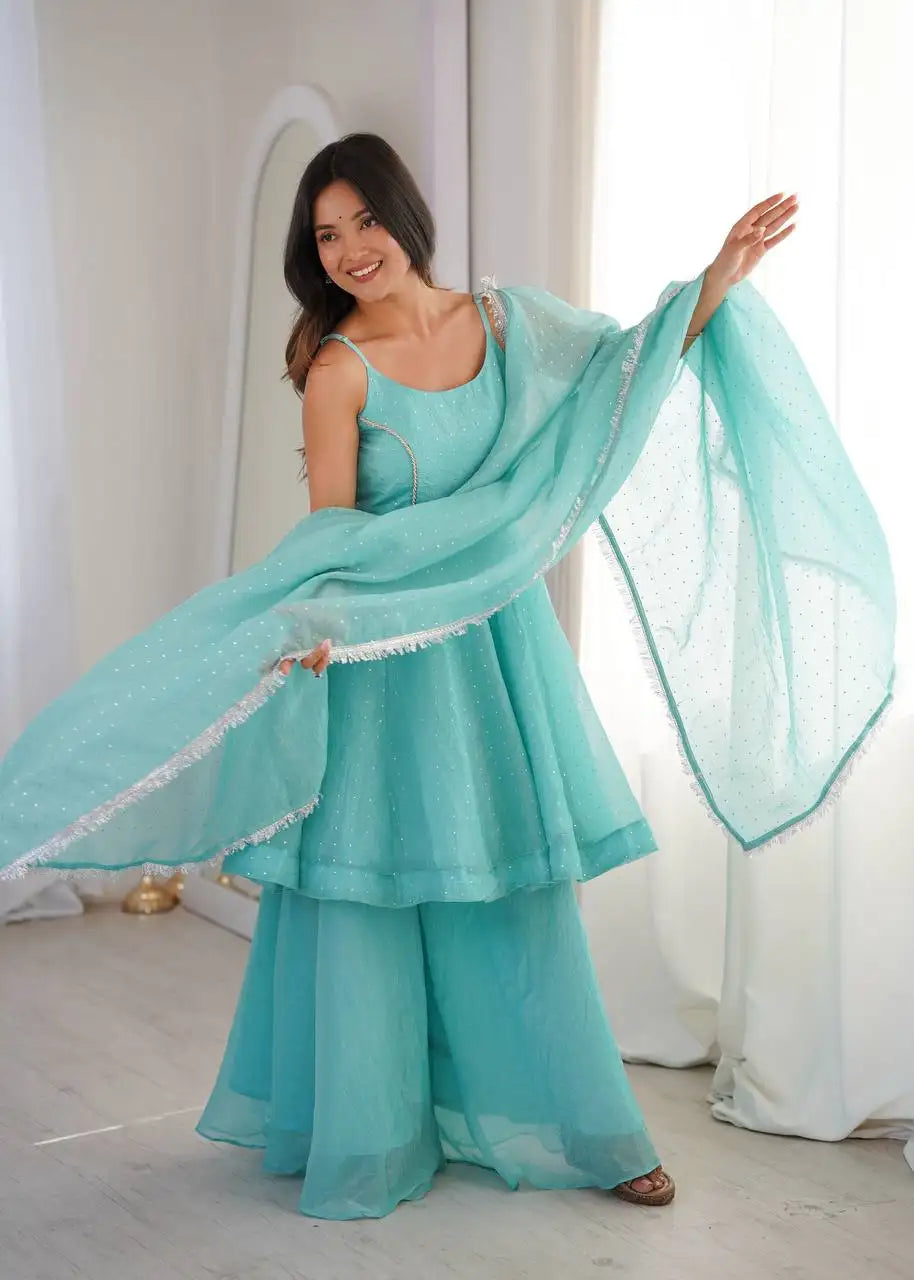Sky Blue Jharkhand Work Suit KU257 model side angle with dupatta