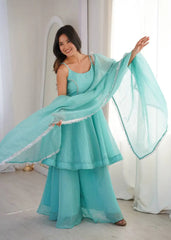 Sky Blue Jharkhand Work Suit KU257 model side angle with dupatta