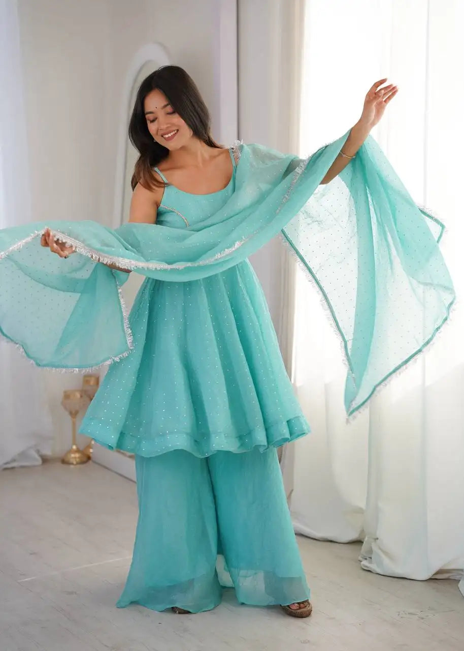 Sky Blue Crunchy Silk Sharara Suit Kalyanja KU257 model dynamic shot