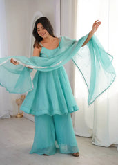 Sky Blue Crunchy Silk Sharara Suit Kalyanja KU257 model dynamic shot
