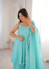 Sky Blue Jharkhand Work Suit KU257 model holding dupatta wide open