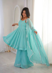 Sky Blue Jharkhand Work A-Line Suit KU257 model spinning flair shot
