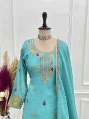 Sky Blue Suit KU317 neckline embroidery close-up