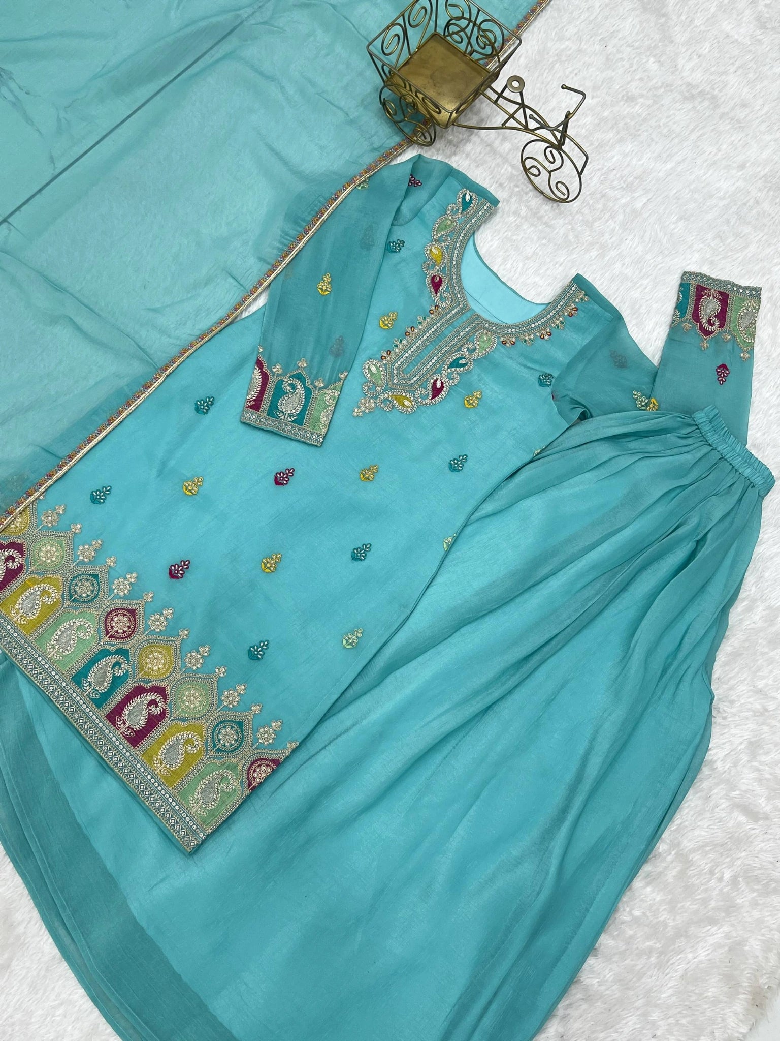 Sky Blue Suit KU317 hem border embroidery