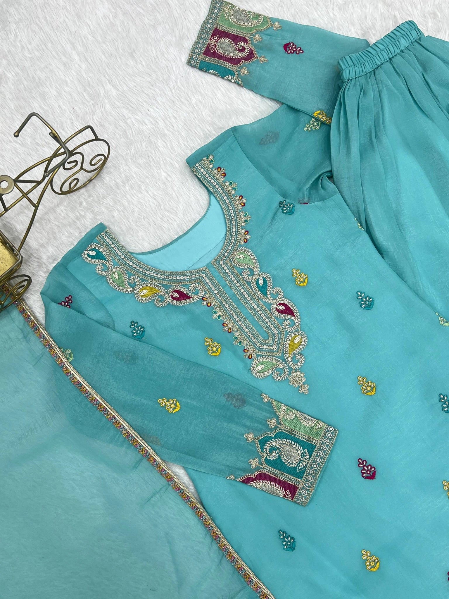 Sky Blue Suit KU317 sequins and zari work detail