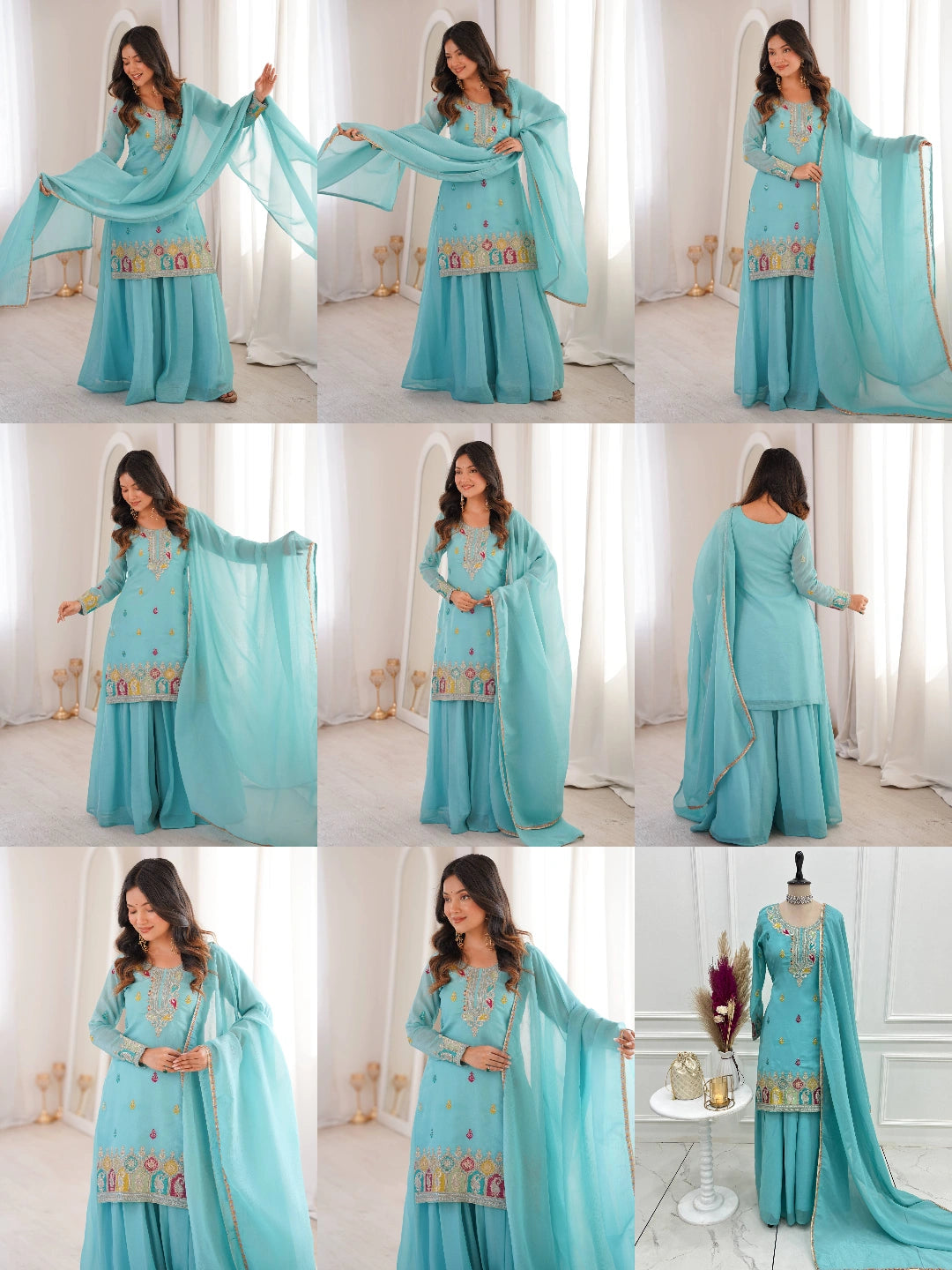 Sky Blue Sharara Suit KU317 all angles