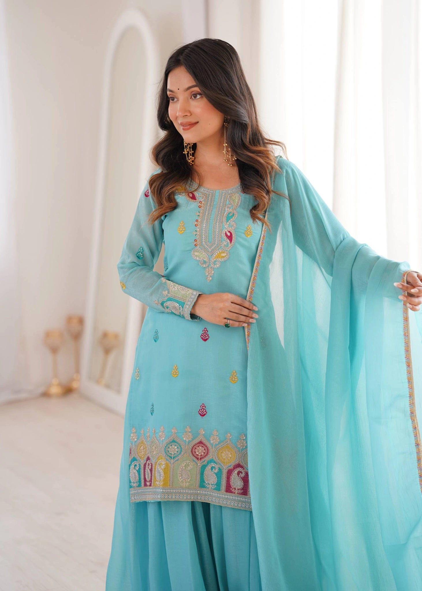 Sky Blue Sequins Embroidered Sharara Suit KU317 with dupatta