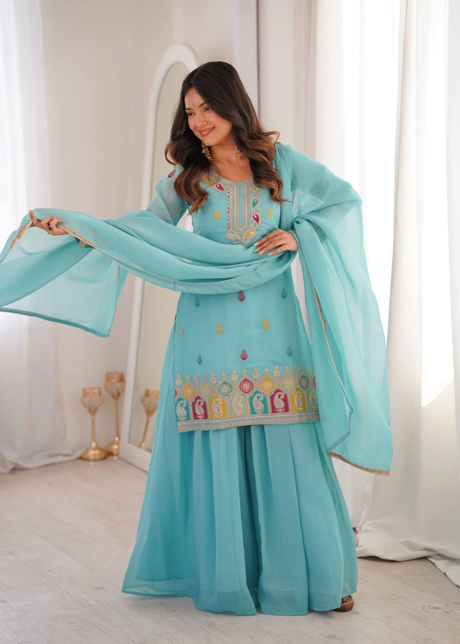 Sky Blue Sharara Suit KU317 dupatta draped