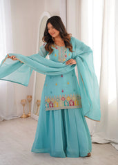 Sky Blue Sharara Suit KU317 dupatta draped
