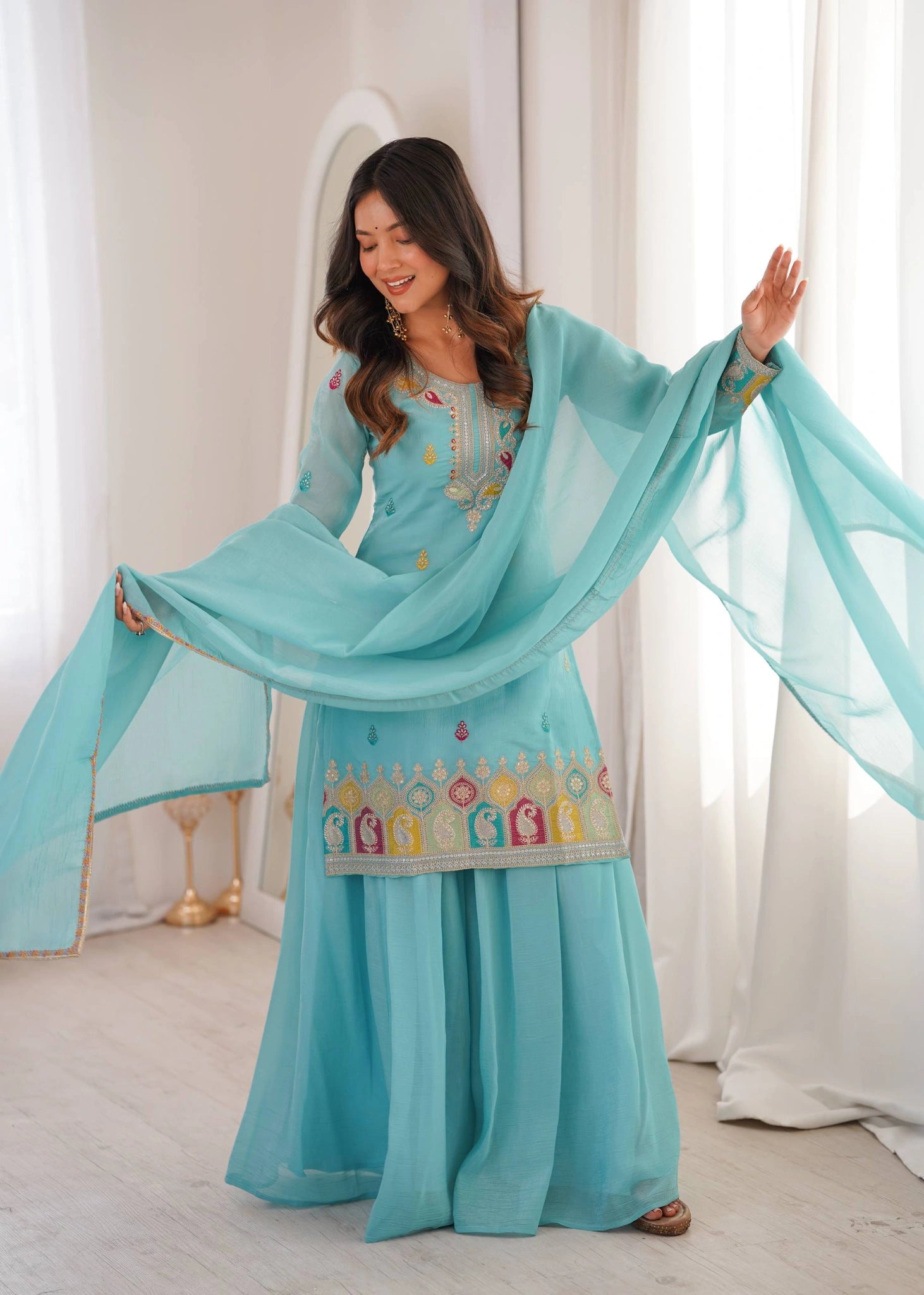 Sky Blue Sharara Suit KU317 flowing dupatta