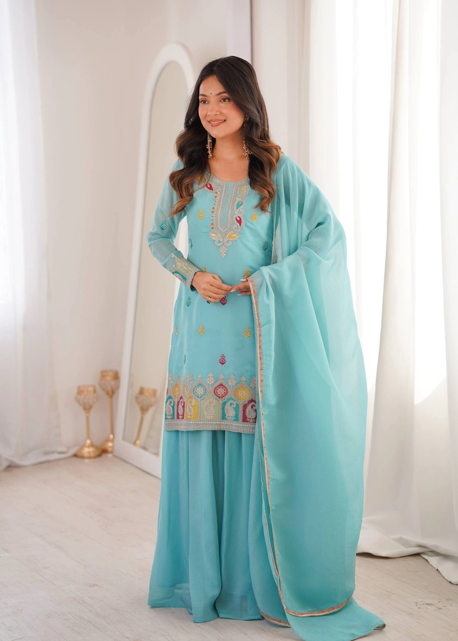 Sky Blue Sharara Suit KU317 side pose