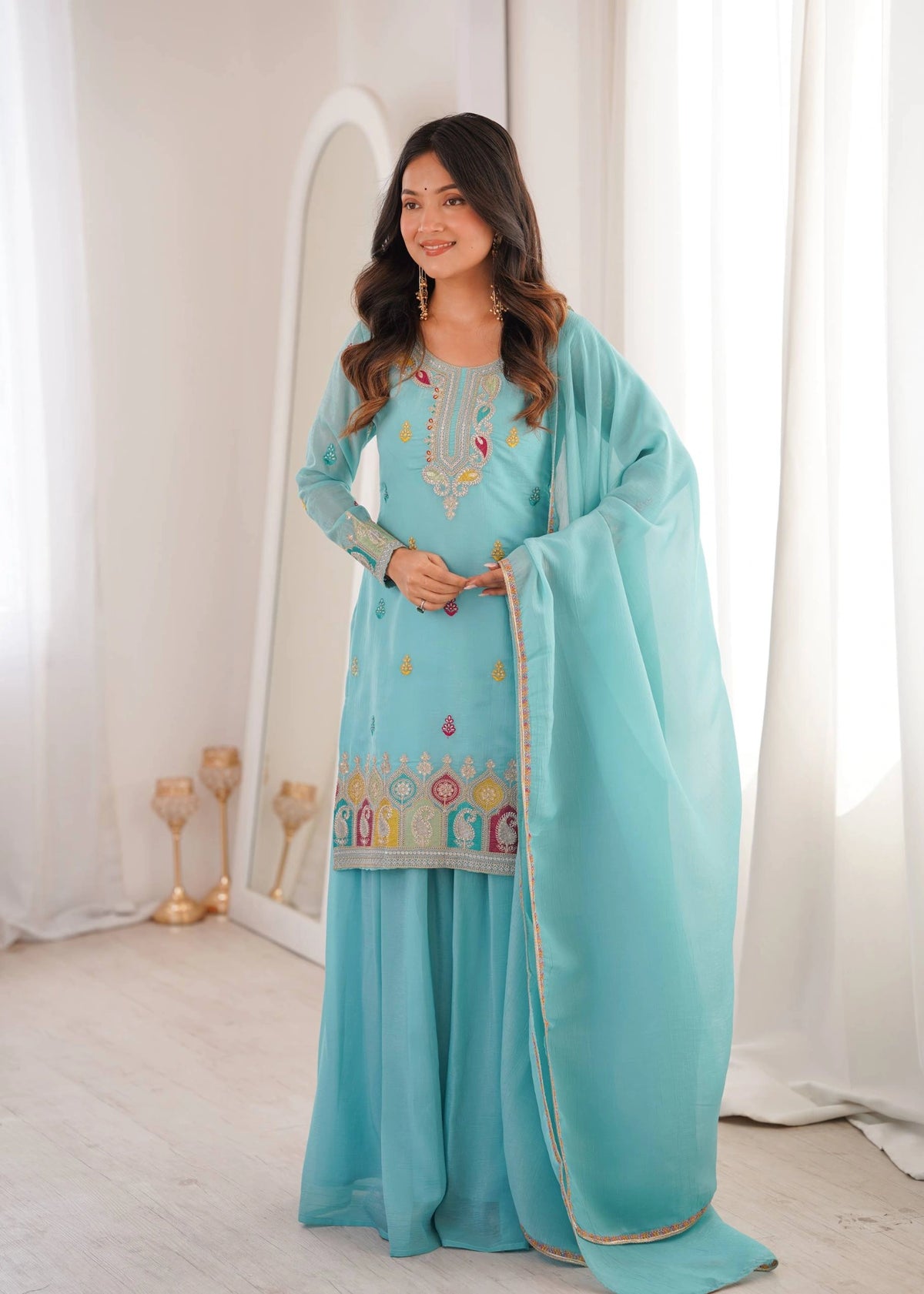 Sky Blue Sharara Suit KU317 side pose